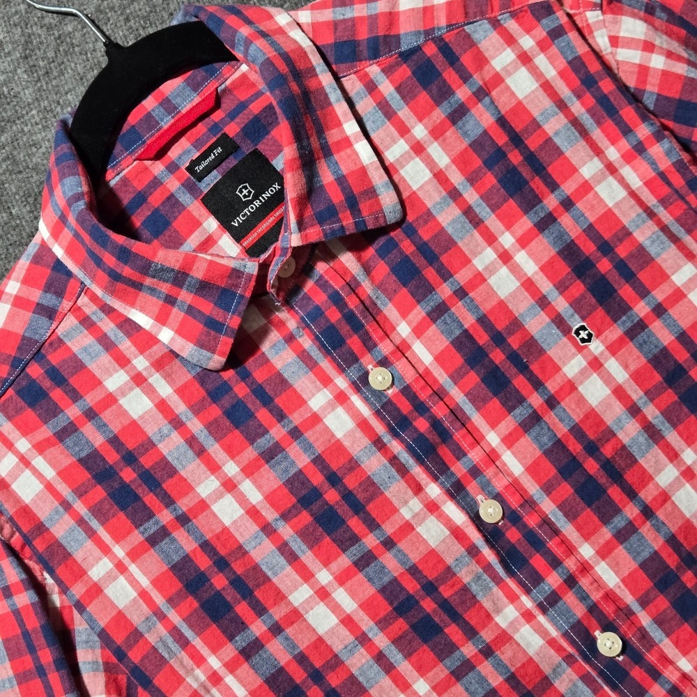 Victorinox Shirt Mens L Tailored Fit Plaid Button Down Red Navy Cotton Linen